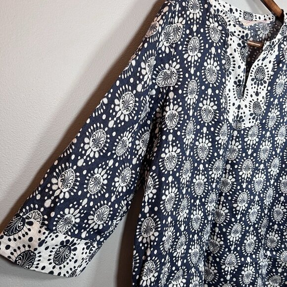 Sigrid Olsen Tunic Top Women’s Size L 100% Linen Navy & White 3/4 Sleeve Casual - Picture 3 of 6